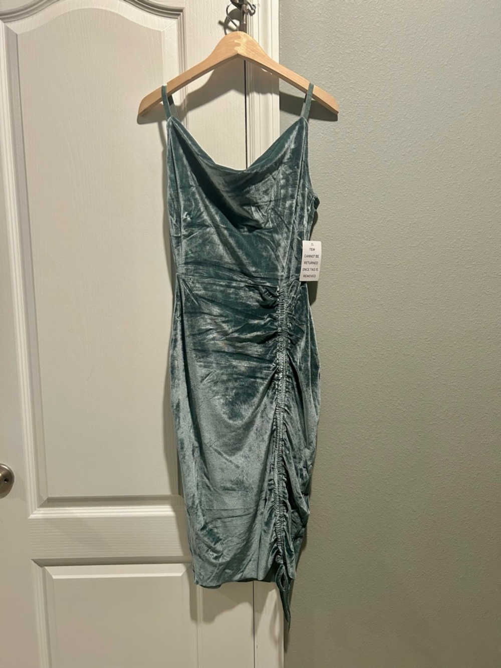 Joyfolie Velvet Cowl Ruched Midi Dress - Sage Green